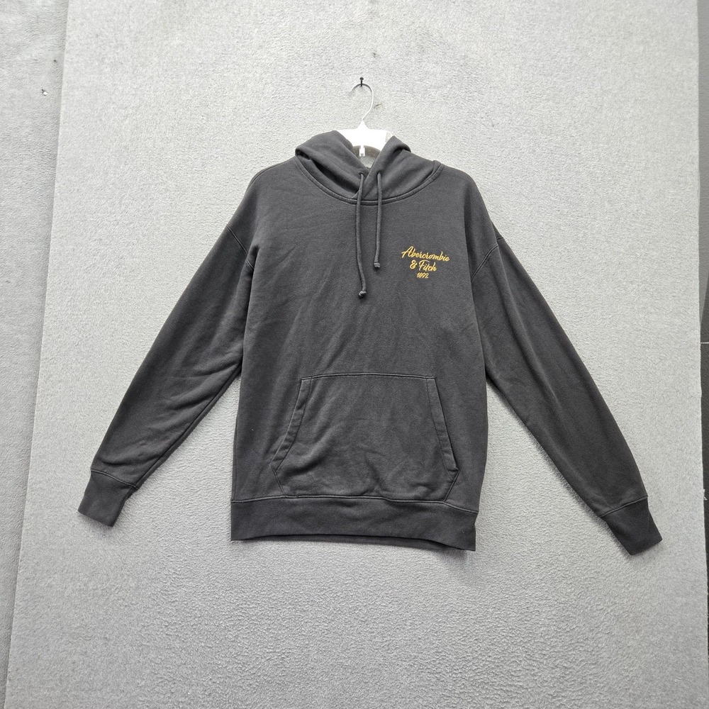 Abercrombie & Fitch Men Hoodie M Gray Embroidered Graphic Fleece Script Logo